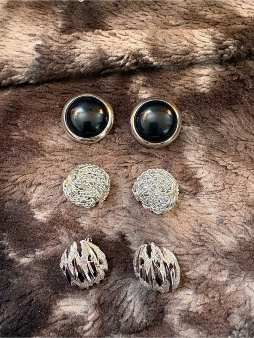 Vintage Silver-Tone and Black Clip-On Earrings - 3 Pairs